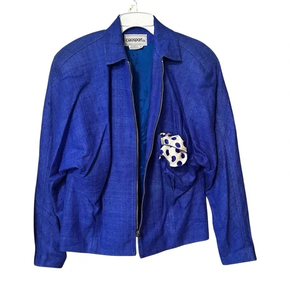 CiaoSport Ltd Vintage Silk Blue Jacket Polka Dot Pocket Handkerchief Accent Sz 8 - Picture 3 of 10